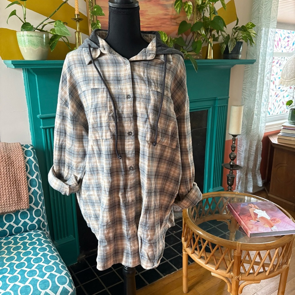 Plaid Hooded Button-Up Shirt